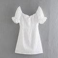 Foridol White Lace Summer Dress for Women Flower Embriodery Cotton Mini Dress Puff Sleeve Lace Up Ruffles Short Beach Dress