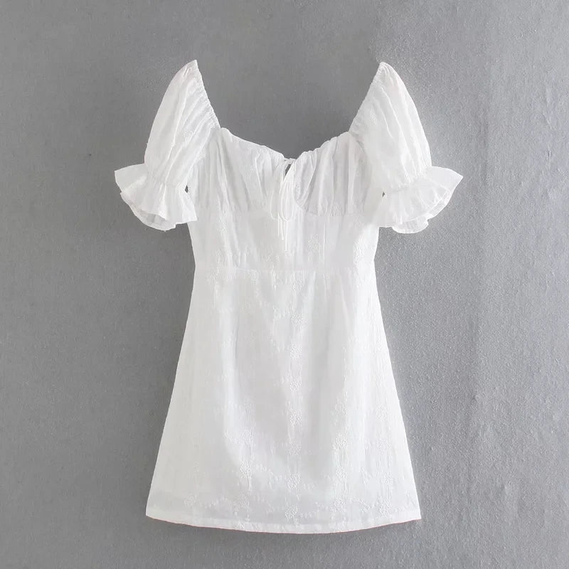 Foridol White Lace Summer Dress for Women Flower Embriodery Cotton Mini Dress Puff Sleeve Lace Up Ruffles Short Beach Dress