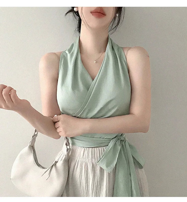 Women Blouses Slim Fit V-neck Lace Up Open Stitch Versatile Sleeveless Top For Female Chiffon Tops Summer Fashion PPAY