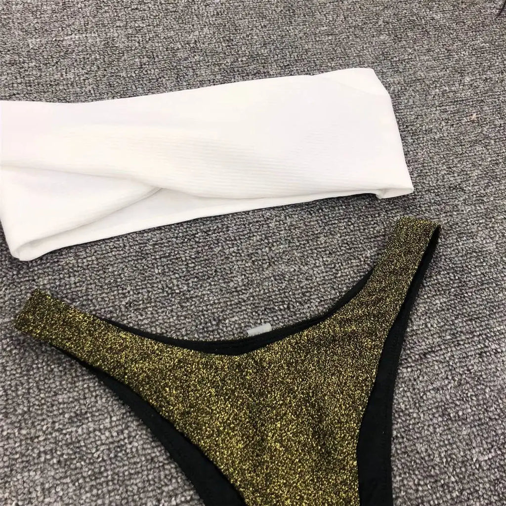 New Sexy Bandeau Shiny Glitter Bikini Women Swimwear Female Swimsuit Two-Pieces Bikini Set Bather Bathing Suit Swim Lady V1109