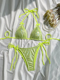 Shiny Brozing Neon Yellow Micro Bikini 2026 Women Sexy Bow Strap Push Up Bra Tie Side Thong Swimsuit Pool Bathing Suit  Swimwear