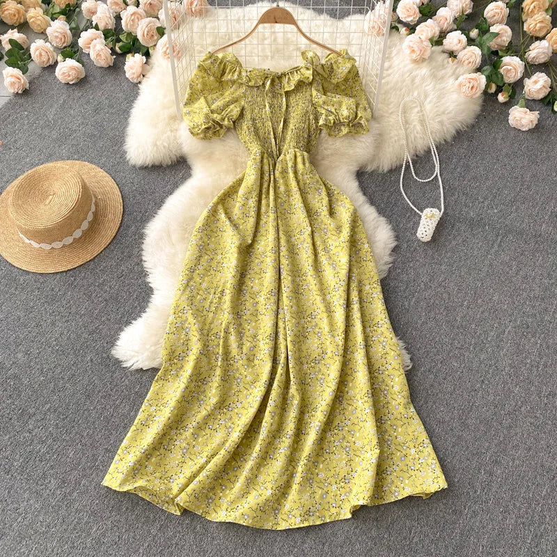 2025 Summer French Vintage Floral Dress Fashion Elegant High-Waisted Drawstring Vestidos Printed Fresh And Sweet Long Dresses