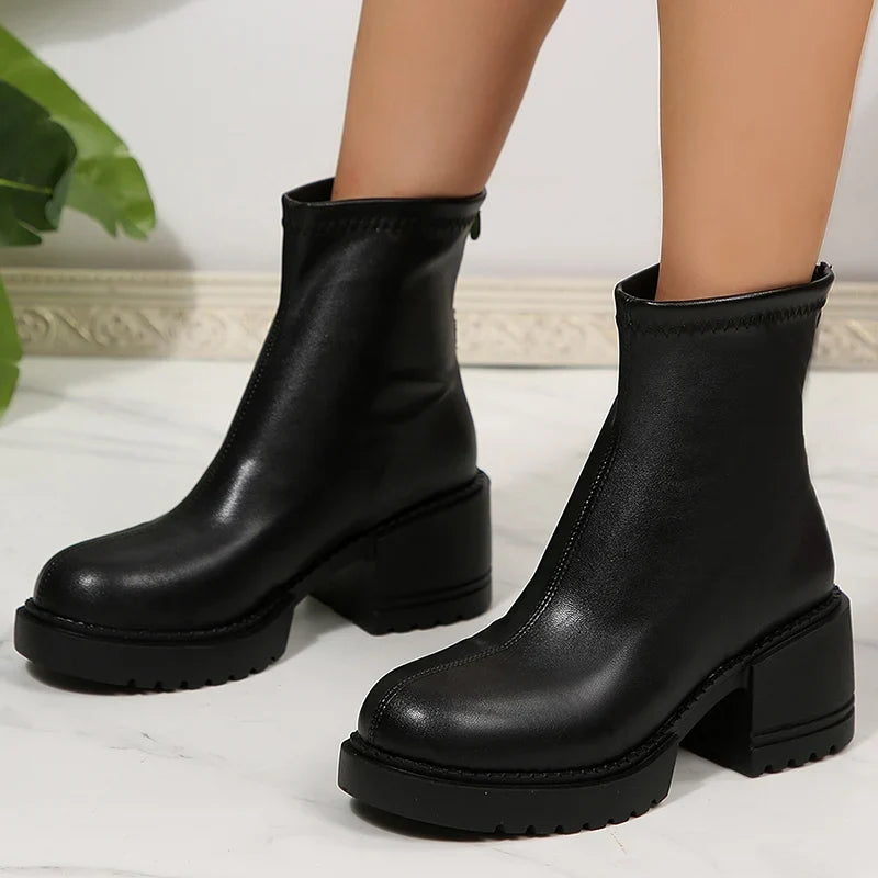 Fashion Thick Heels Ankle Boots Women 2025 Back Zipper Plus Size 35-42 Pu Leather Boots Woman Round Toe Platform Booties Mujer