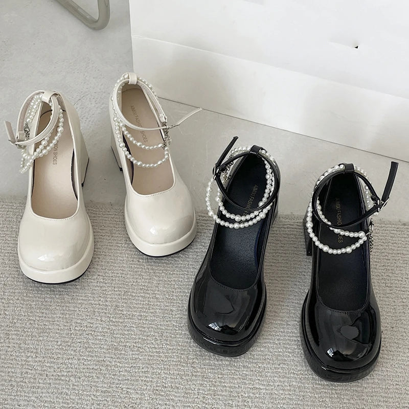 10cm Super High Heels Mary Jane Shoes Women Fashion Patent Leather Platform Pumps Woman Pearls Chain Ankle Strap Party Shoes