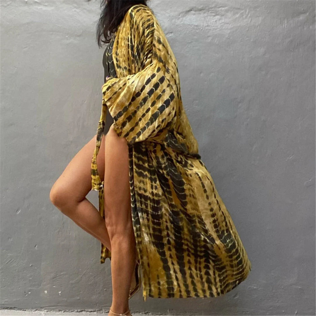 New 10 Colors Printed Long Sleeve With Belt Tunic Beach Cover Up Cover-ups Beach Dress Beach Wear Beachwear Female Women V4521