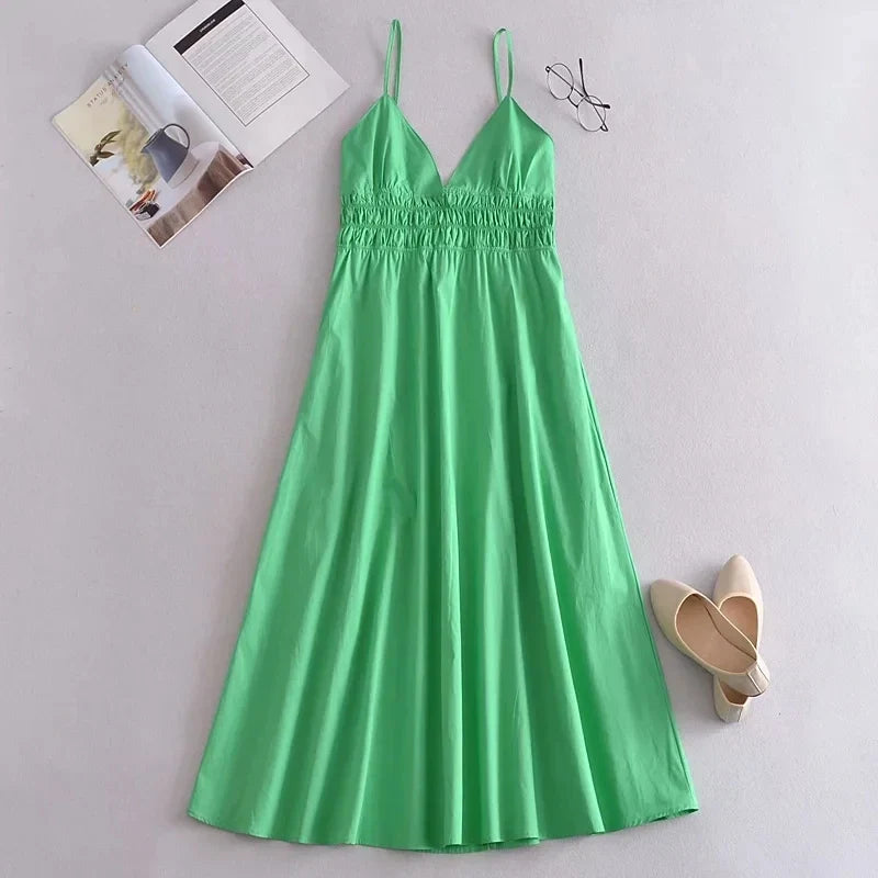Foridol Elastic Smocking Green Cotton V Neck Summer Women's Dress Sleevless Long Green Maxi Casual Strapy Dress Solid Female