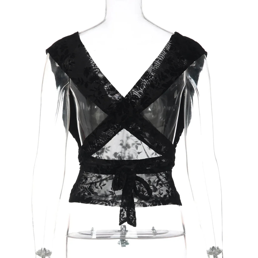 FDYOUI Woman Clothes Elegant Bandage Mesh Corset Tops 2026 Female Halter V-neck Lace-up Tank Top Black T-shirt Y2K Streetwear