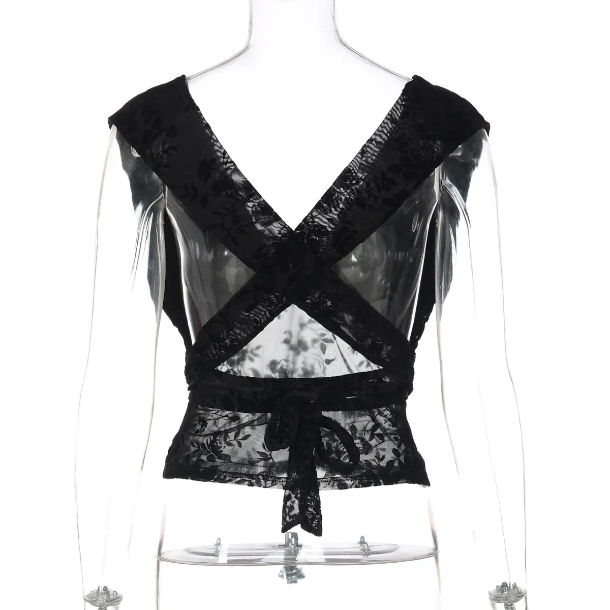 FDYOUI Woman Clothes Elegant Bandage Mesh Corset Tops 2026 Female Halter V-neck Lace-up Tank Top Black T-shirt Y2K Streetwear