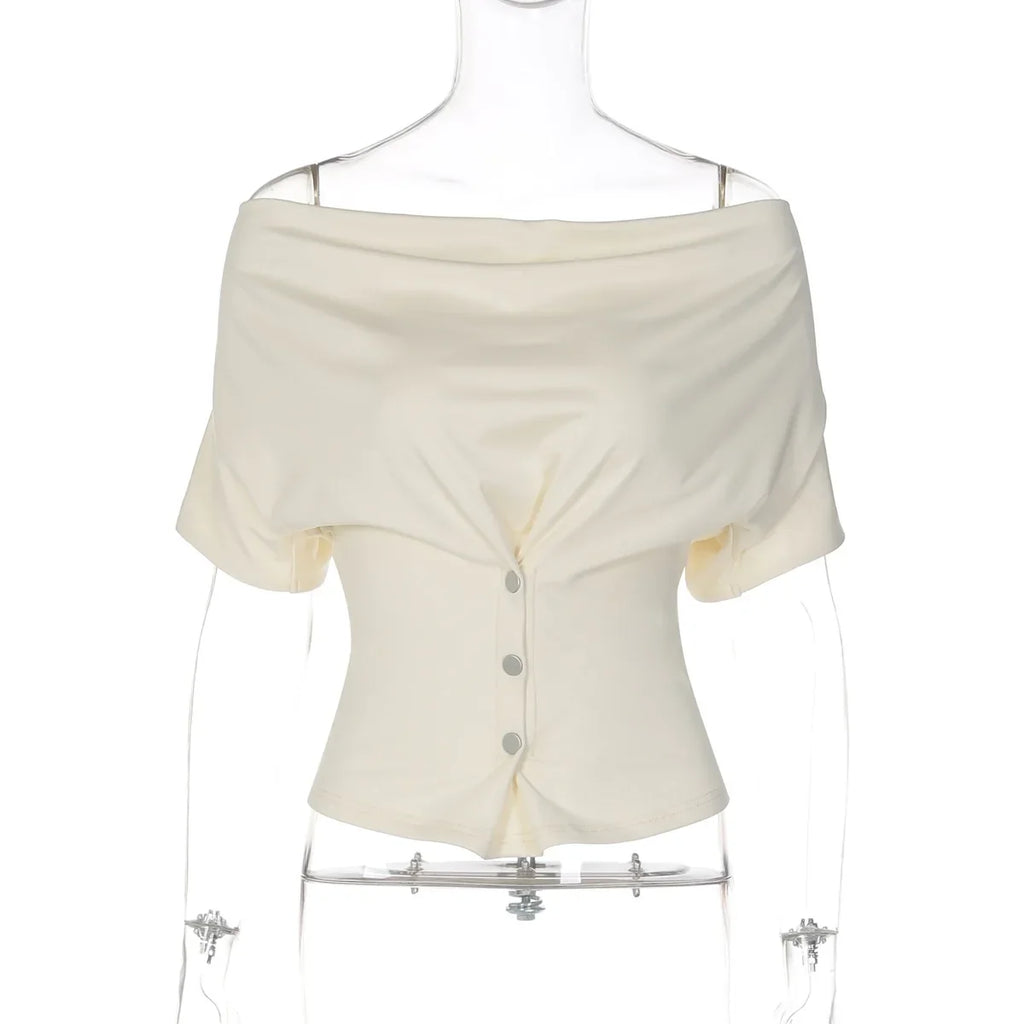 FDYOUI Fashion Casual Swinging Collar T-shirts Y2K Woman Clothes Short Sleeve Buttons Corset T Shirt Ladies Solid Crop Tops Tees
