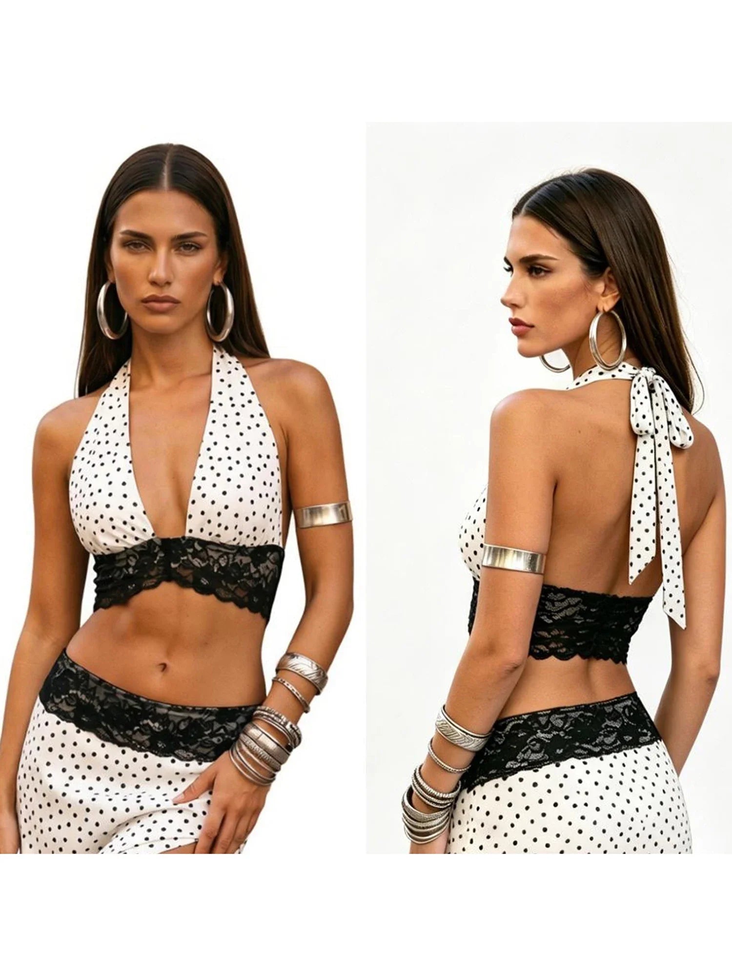 Women's Summer Halter Neck Vest Elegant Dot Print Sleeveless Open Back Crop Tops for Party Daily Wear