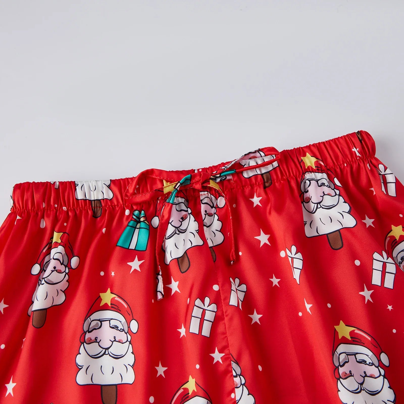 Women 2 Pieces Christmas Pajamas Sets V Neck Short Sleeve Christmas Themed Print Tops and Drawstring Waist Shorts Satin Suits