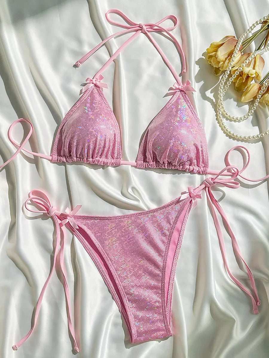Sparkling Glitter Halter Bow Bikini Female Swimsuit Women Swimwear Two-pieces Bikini Set High Cut Bather Bathing Suit Swim Lady