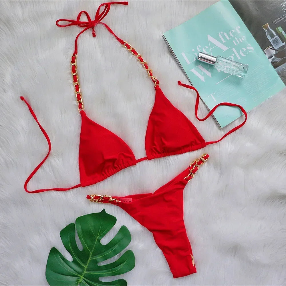5 Colors Sexy Bikini Women Solid Swimwear Swimsuit Metal Chain Weave Straps Bikinis Set Bathing Suit Beach Bikini Female Thong