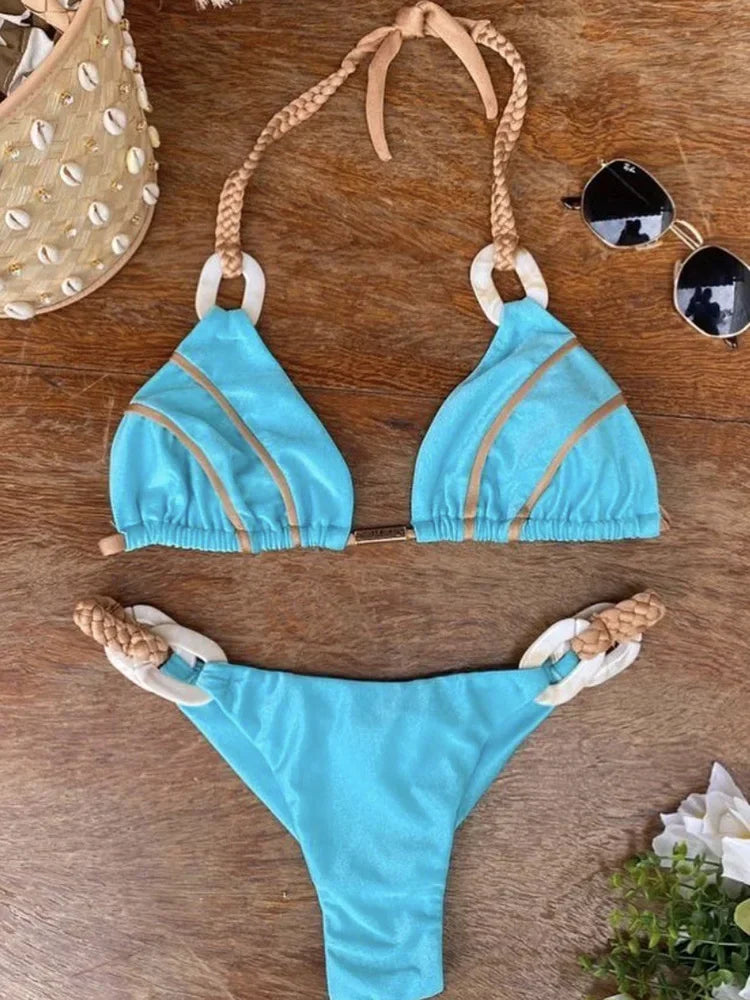 Patchwork Halter High Cut Knitted Bikini Women Swimwear Female Swimsuit Two-pieces Bikini Set Brazilian Bather Bathing Suit Swim