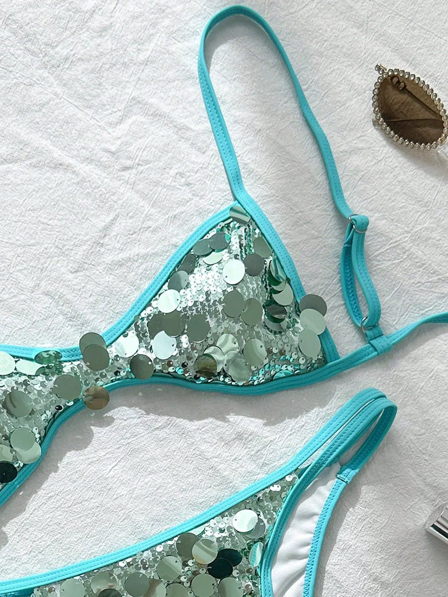XS - L Glitter Sparkling Squins Bikini Female Swimsuit Women Swimwear Two-pieces Bikini Set Halter High Cut Bathing Suit Swim
