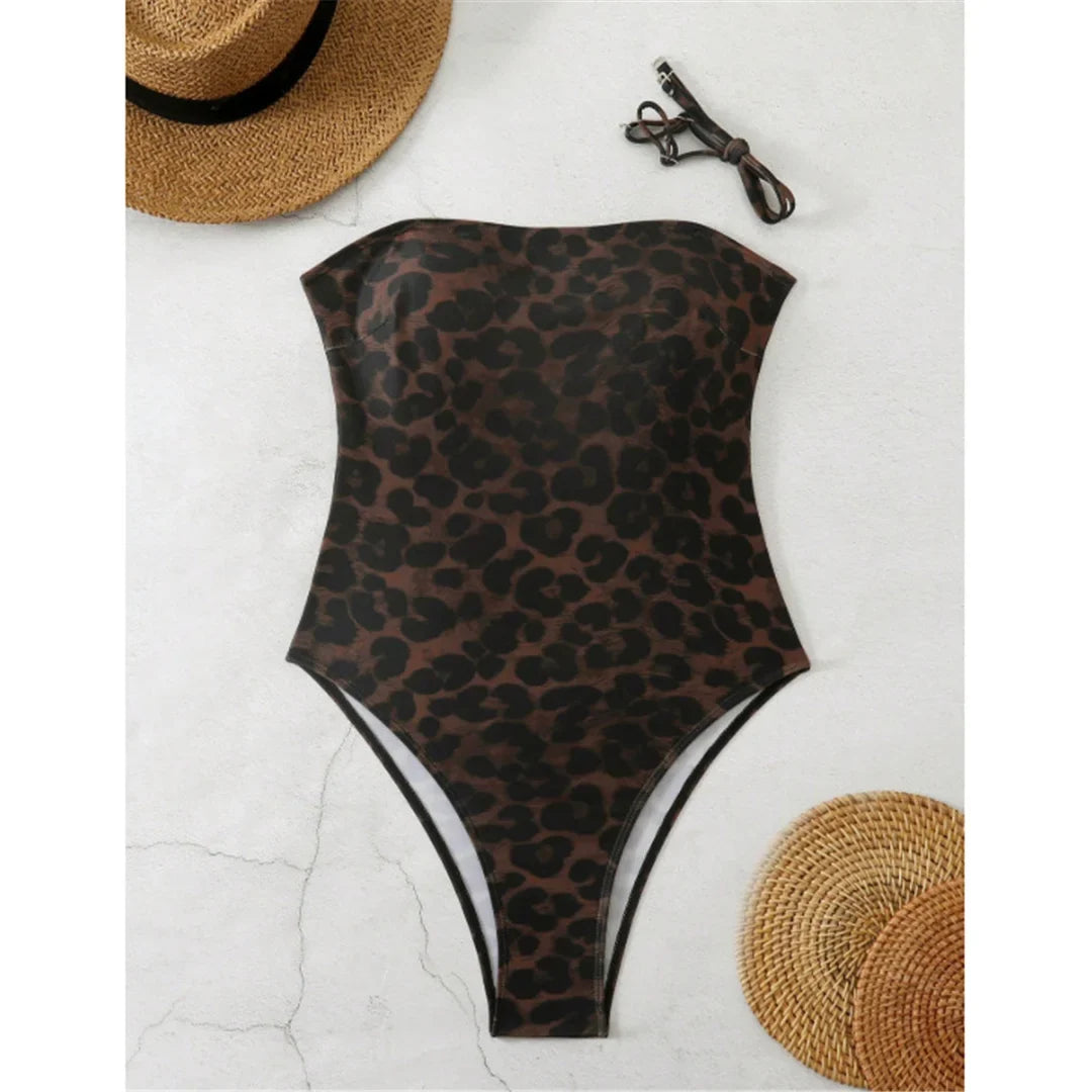 S - XL New Leopard Printed Bandeau Women Swimwear One Piece Swimsuit Female High Leg Cut Monokini Bather Bathing Suit Swim V8051
