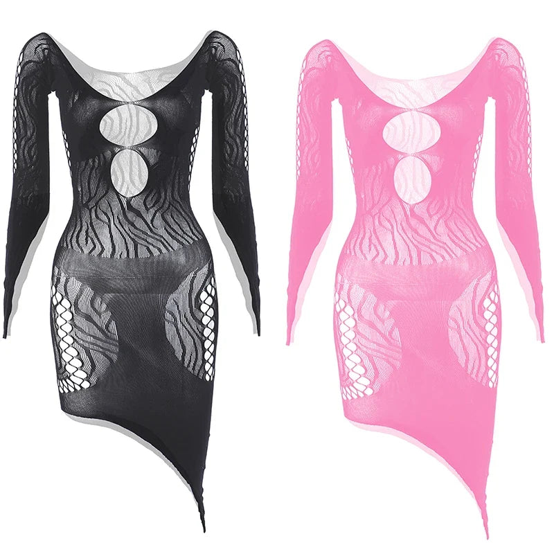 1 Piece Beach Cover Up without Bikini Summer's Hottest Mesh Swimsuit Women Summer Pool Swimwear Long Sleeves Hollow Out Dress