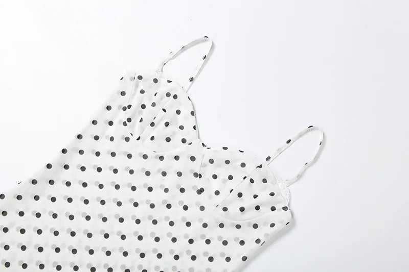 FDYOUI Woman Clothing Elegant Spaghetti Strap Polka Dot Midi Dress Ladies Sexy Lace Patchwork Sleeveless Slim Party Club Dresses