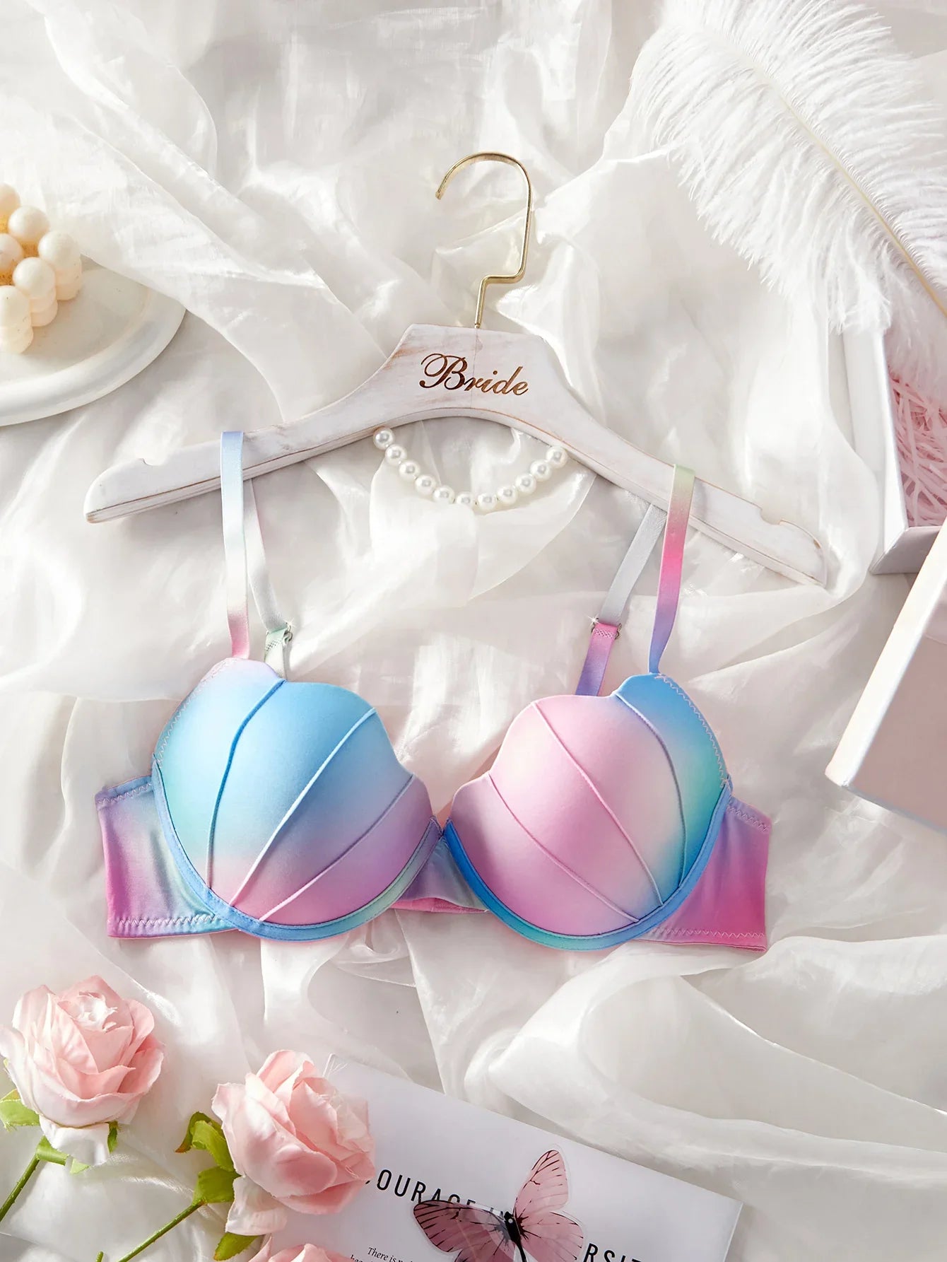 Women's Pastel Gradient Push up Bra Vertical Rib Shell Thin Cup Sexy Bra Comfort Underwire Lingerie Top