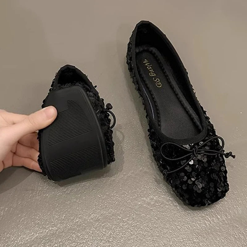 Fashion Silver Bling Low Top Single Shoes for Women New Low Heels Bow-Knot Single Shoes Ladies Hot Sale Plu Size Shoes Mujer