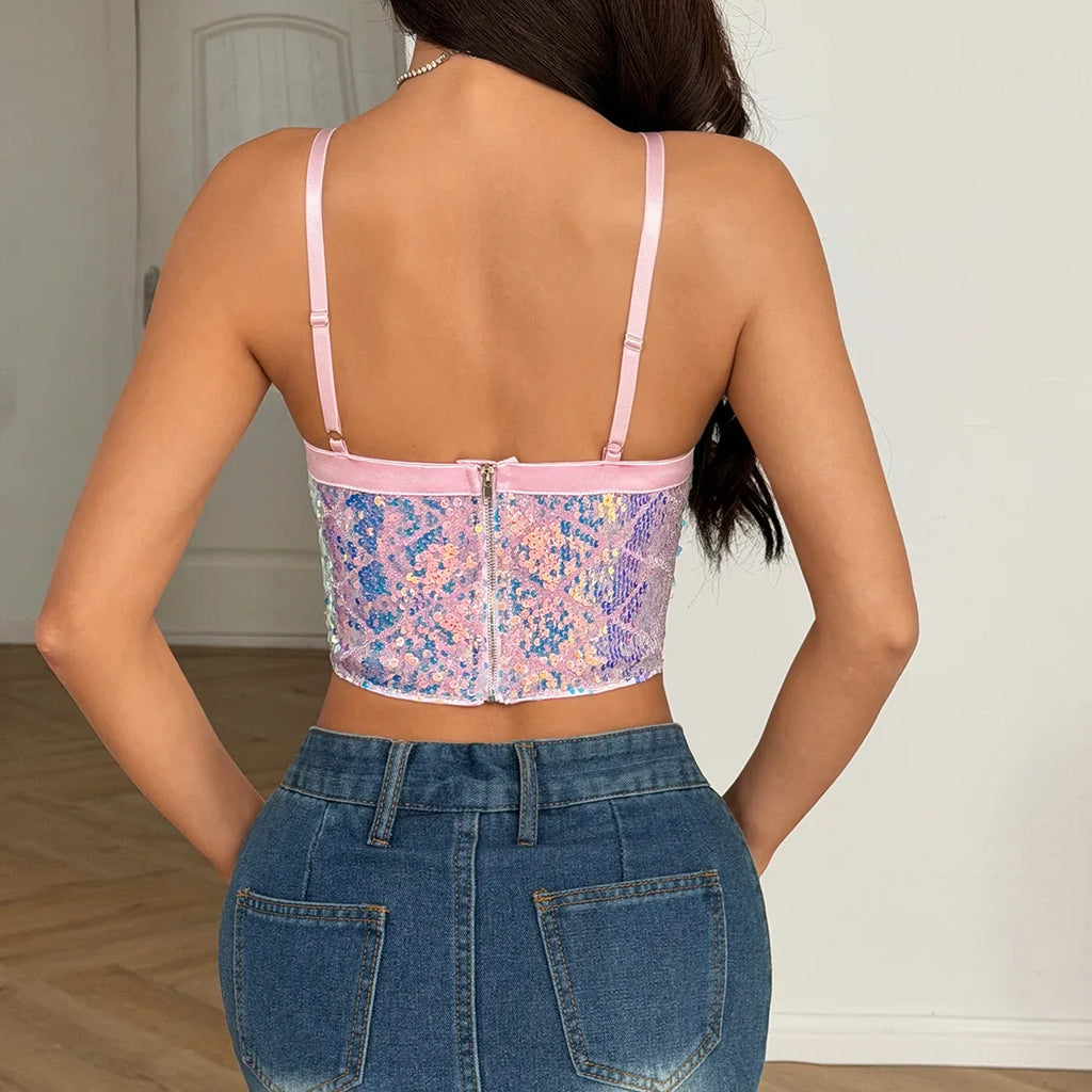 Sexy Sequin Crop Tops Women's Evening Corset Sparkling Party Pink Gradient Slim Fit Halter Bustier Sleeveless Camis Partyclub