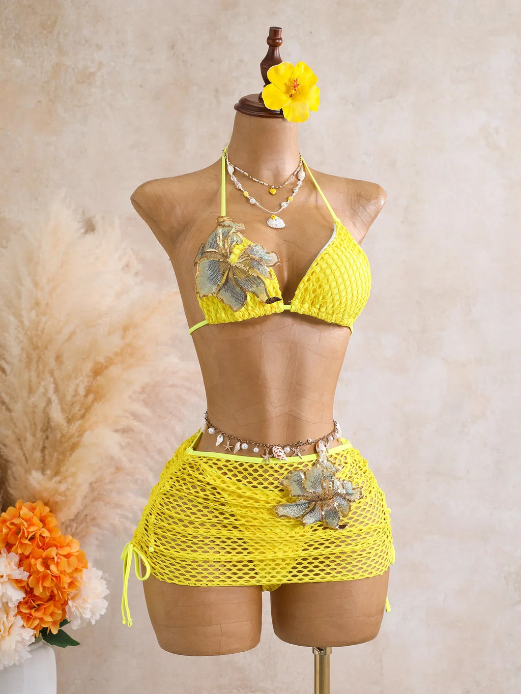Sexy Black 3D Flower Holiday Bikini Set 2026 Women Drawstring Side Knitted Cover Up 3 Piece Swimsuit Beach Bathing Suit Swimwear