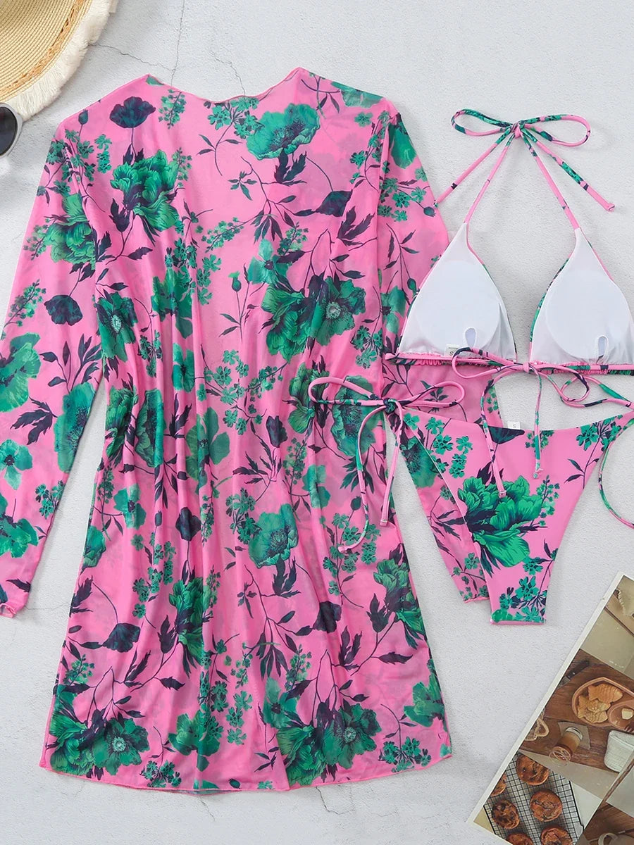 3 Pieces Printed Halter String Bikini 2026 Women & Kimono Swimwear Female Swimsuit Beachwear Bathers Bathing Swimming Swim Suit