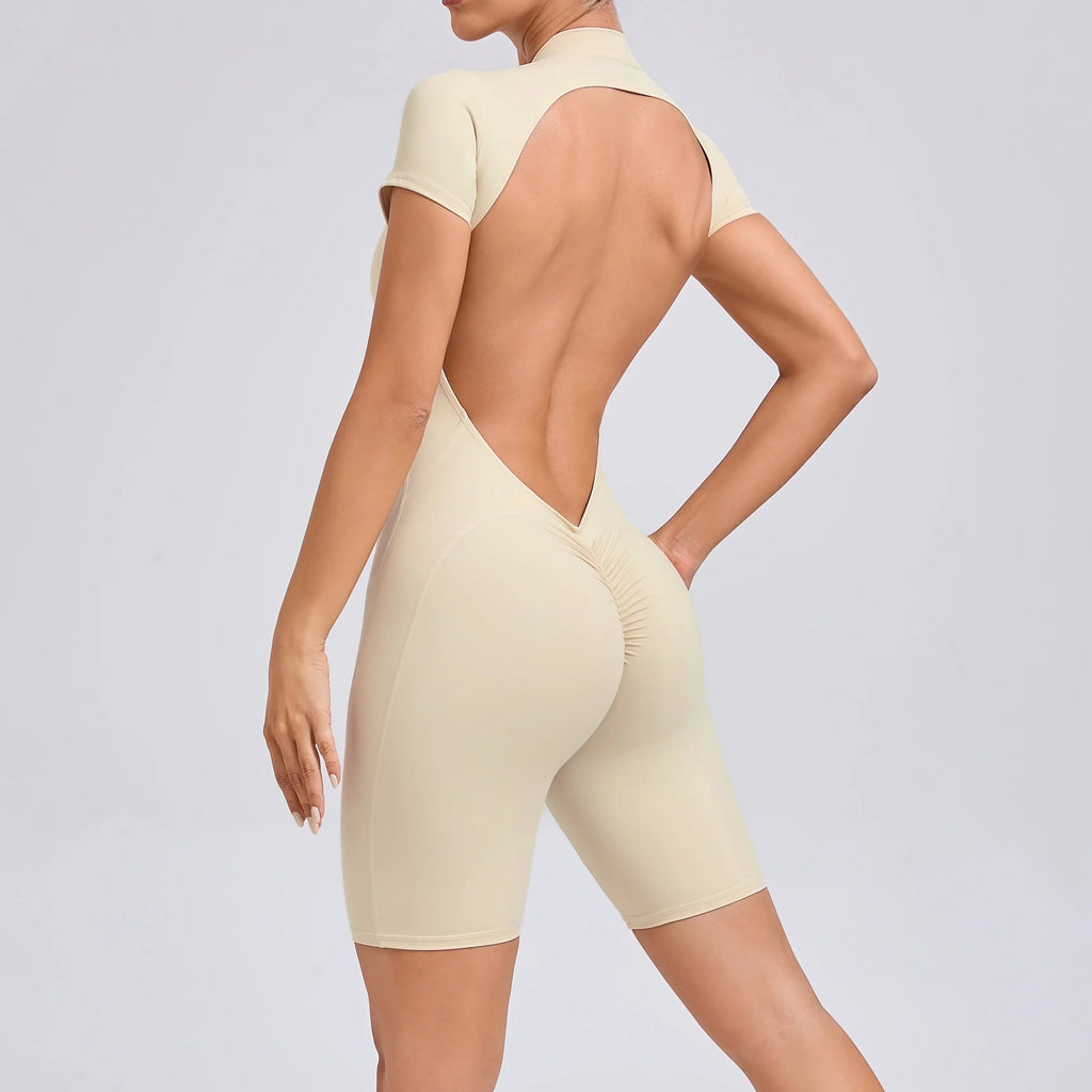 Padded Backless Yoga Cycling jumpsuit  Women Zipper GYM Sportswear Fitness One Piece Sports Suit V Back Workout Playsuit