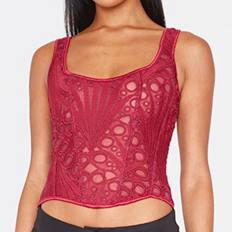 Lace Double Layer Fitted Corset Casaul Style Waist Trainer Mesh Solid Color Hollow Out Backless Suspenders Sleeveless Top CSSX