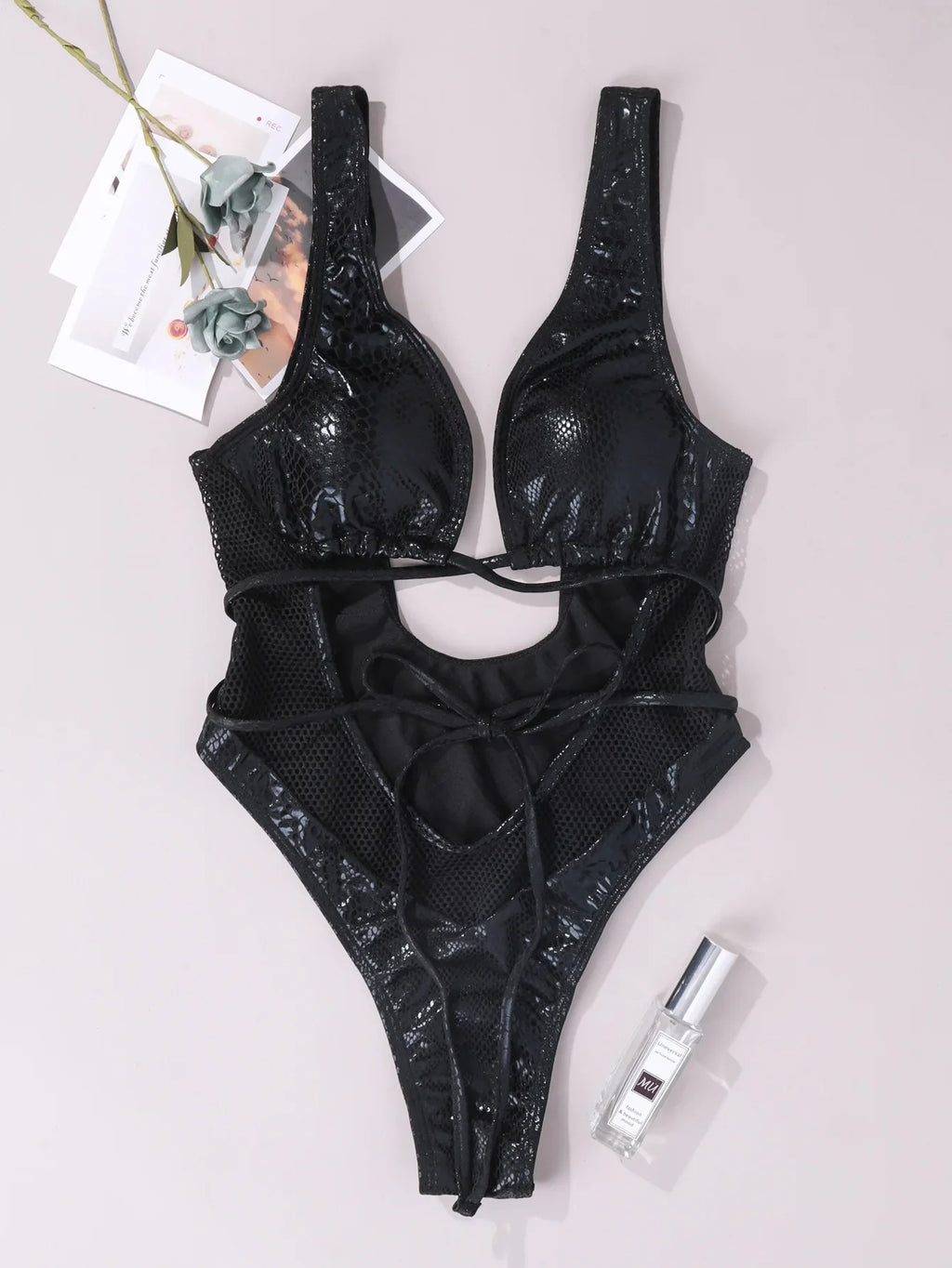 DEKA Women's Mesh Patchwork One Pieces Swimwear Sexy New Hollow Out High Cut Bandage Swimsuit Monokini Push Up Bikini