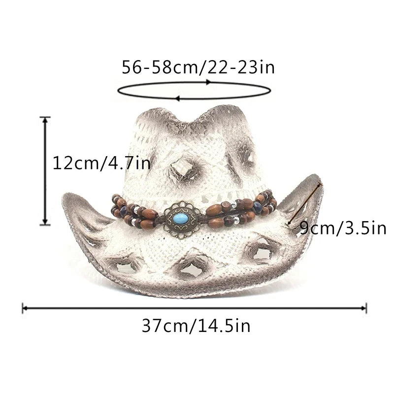 Women Cowboy Hat Creative Curled Straw Hollow Design Ethnic Style Beads Chain Decoration Shade Straw Hat Summer Sun Cap