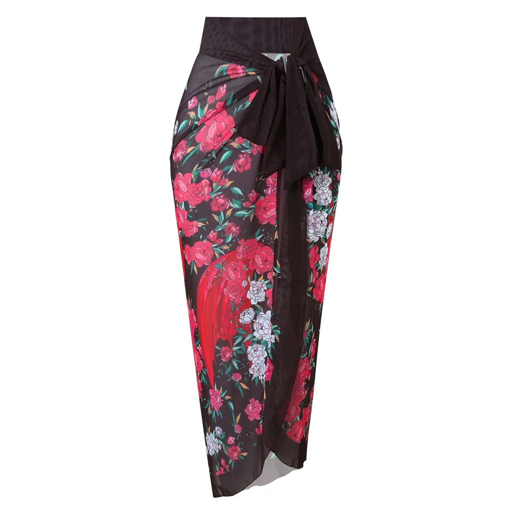 S - XXL Printed Long Sleeve With Sarong One Piece Swimsuit Women Swimwear Female Flowers Padded Bather Bathing Suit Swim K7181