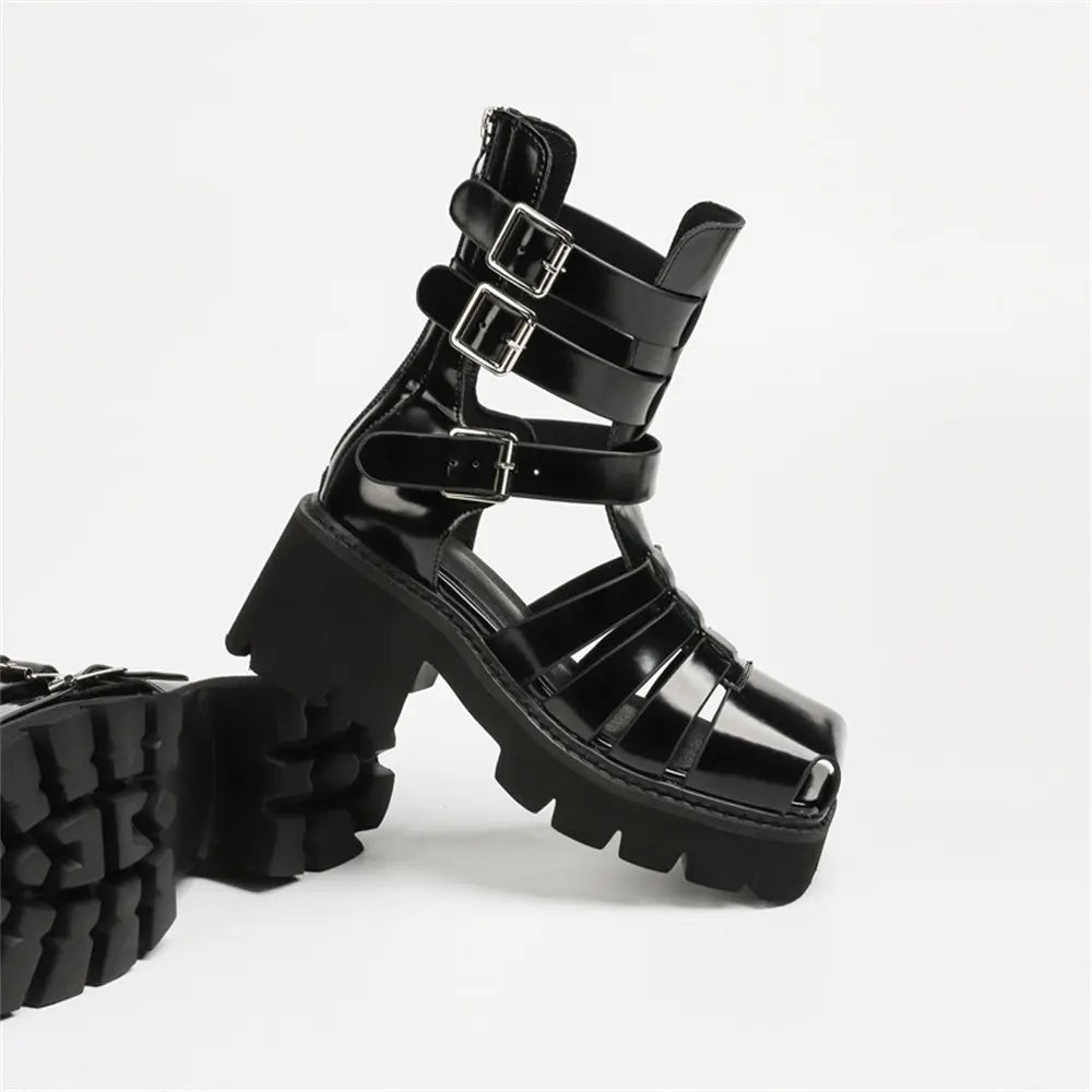 2025 Brand Fashion Women's Black Summer Gladiator Sandals Fashion Leisure Square Heels Casual Platform Shoes Big Size 43