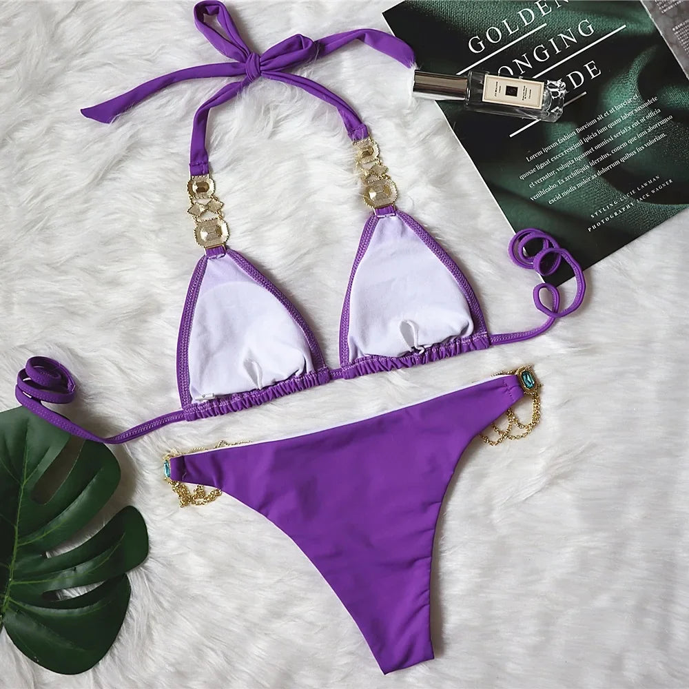 8 Colors Sexy Bikini Women Swimwear Swimsuit Shiny Crystal Diamond Chain Bathing Suit Beach Bikinis Set Female Push Up Biquinis