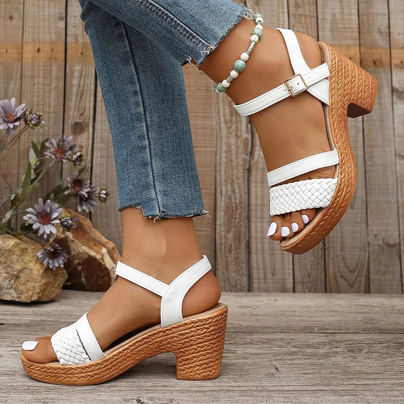 Zoki White Chunky Heeled Sandals Women Summer 2025 Braid Band Gladiator Sandals Woman Ankle Strap Casual Platform Sandles Mujer