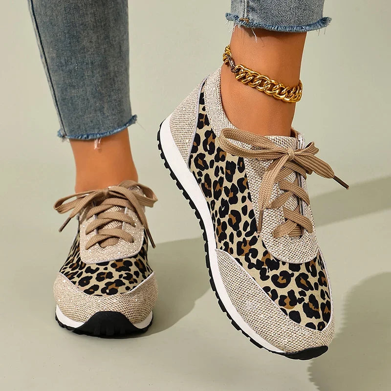 Plus Size 43 Leopard Print Platform Sneakers Women 2026 Breathable Lace Up Casual Flat Shoes Woman Non Slip Flats Walking Shoes