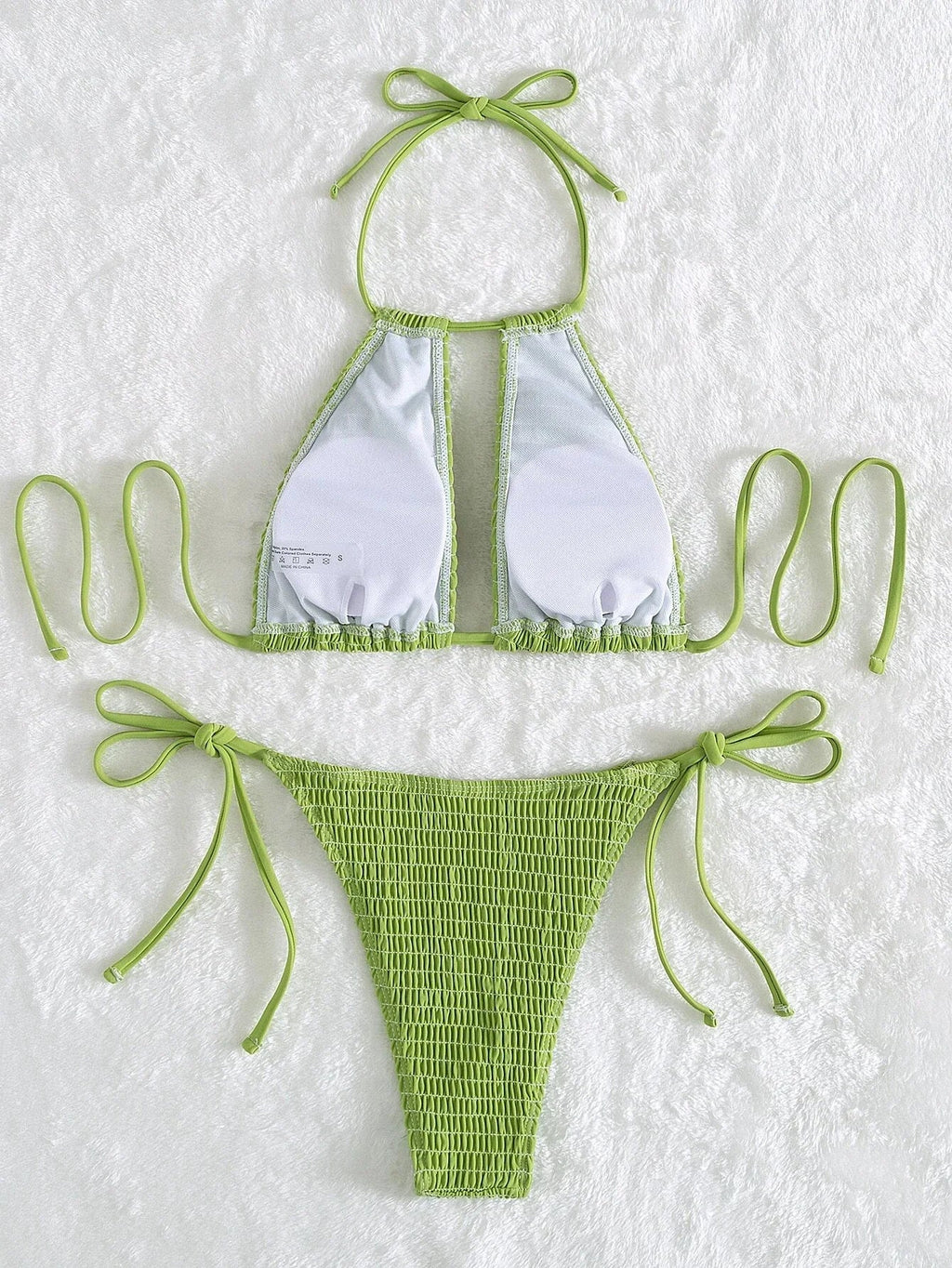 2025 Halter Tie Side Hollow Out Smocked Bikini Women Swimsuit Female Swimwear Two Pieces Bikini Set Swim Bathing Suit Beach Wear