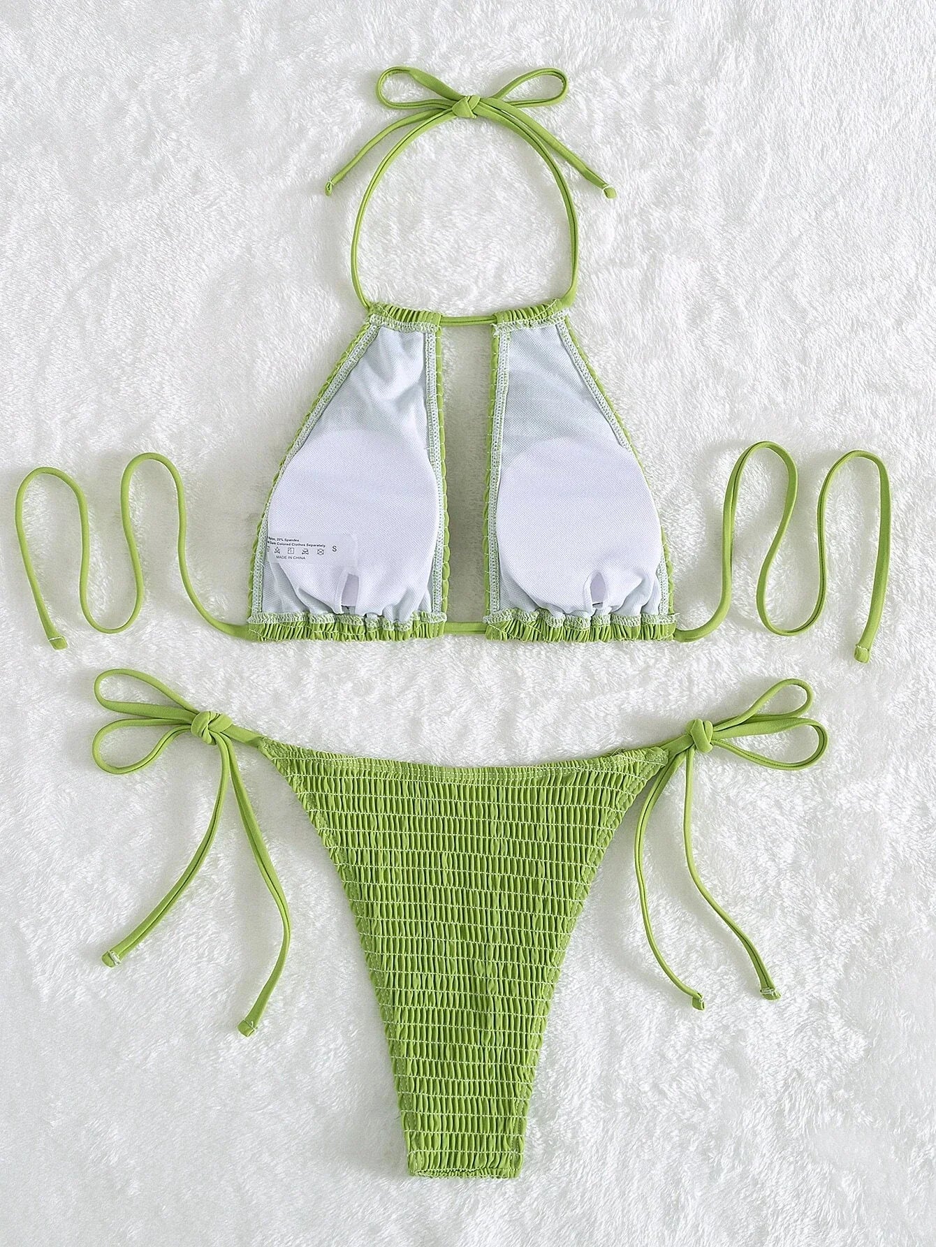 2025 Halter Tie Side Hollow Out Smocked Bikini Women Swimsuit Female Swimwear Two Pieces Bikini Set Swim Bathing Suit Beach Wear