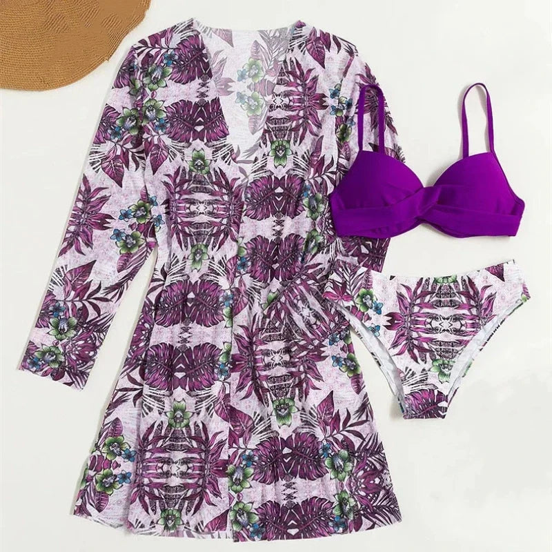 Boho Style Women's 3 Pieces Swimsuit Floral Bikini Set+Long Sleeve Cover-Up Swimwear Sexy Low Waist Tankinis Beachwear Holiday