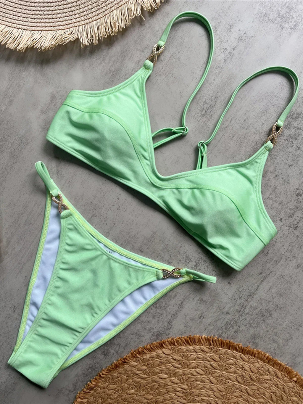 10 Colors V Neck Rhinestones Bikini Female Swimsuit Women Swimwear Padded Bather Bathing Suit Swim Two-pieces Bikini set K8138