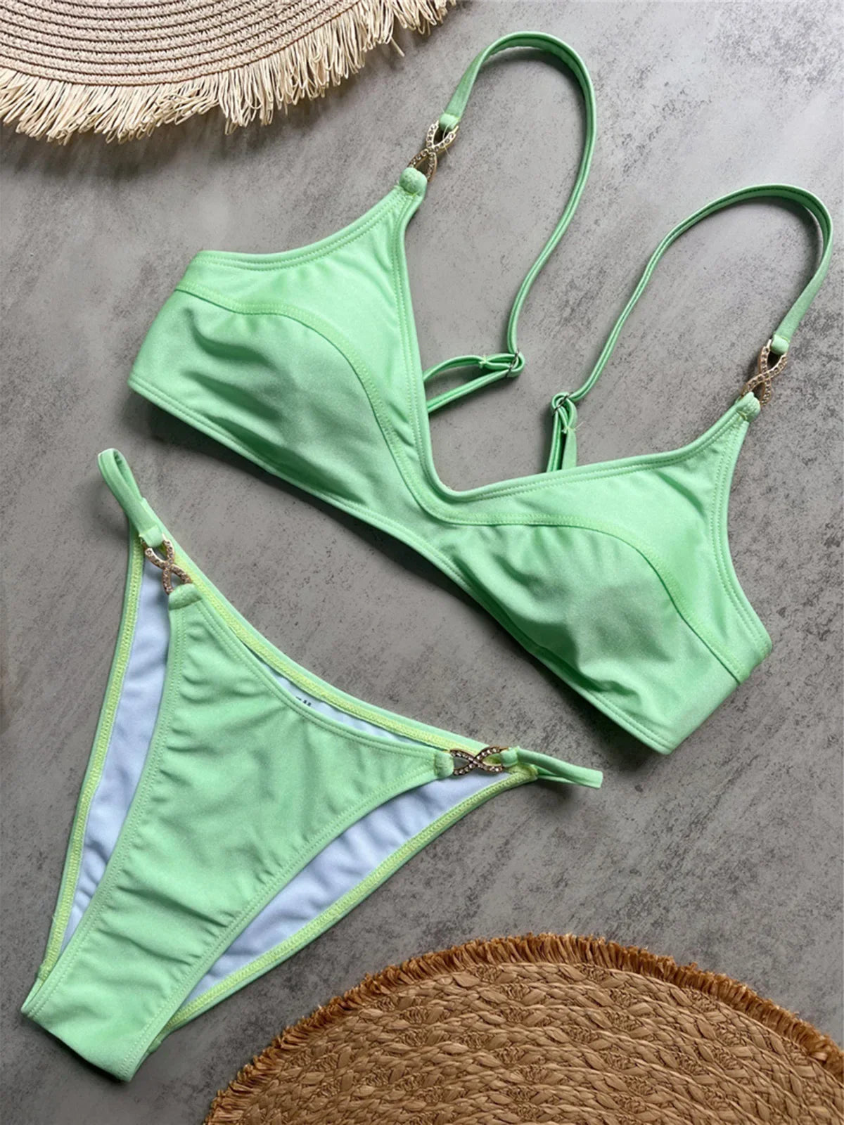10 Colors V Neck Rhinestones Bikini Female Swimsuit Women Swimwear Padded Bather Bathing Suit Swim Two-pieces Bikini set K8138