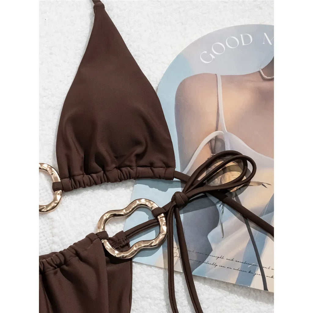 Sexy Halter Metal Rings High Leg Cut Bikini Female Swimsuit Women Swimwear Two-Pieces Bikini Set Bather Bathing Suit Swim V6564