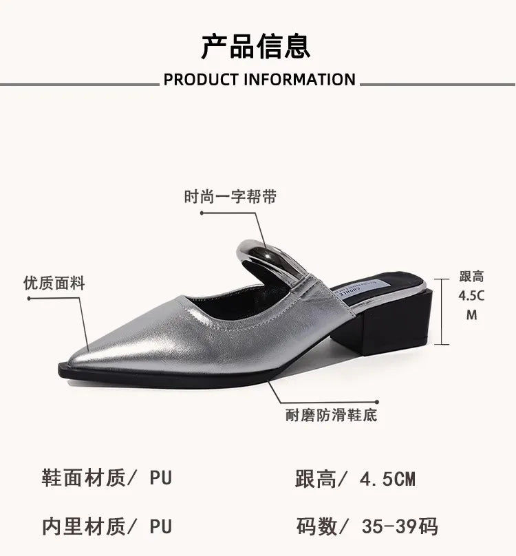 2026 New Summer Women Cover Toe Mules Slippers Fashion Metal Decoration Thick Heel Slide Shoes Comfort Street Style Footwear