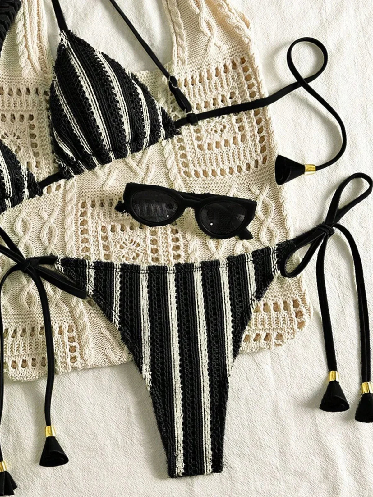 Sexy Orange Striped Bikini Set 2026 Women Halter Push Up Bra Tassel Bandage Thong Swimsuit Summer Holiday Bathing Suit Swimwear