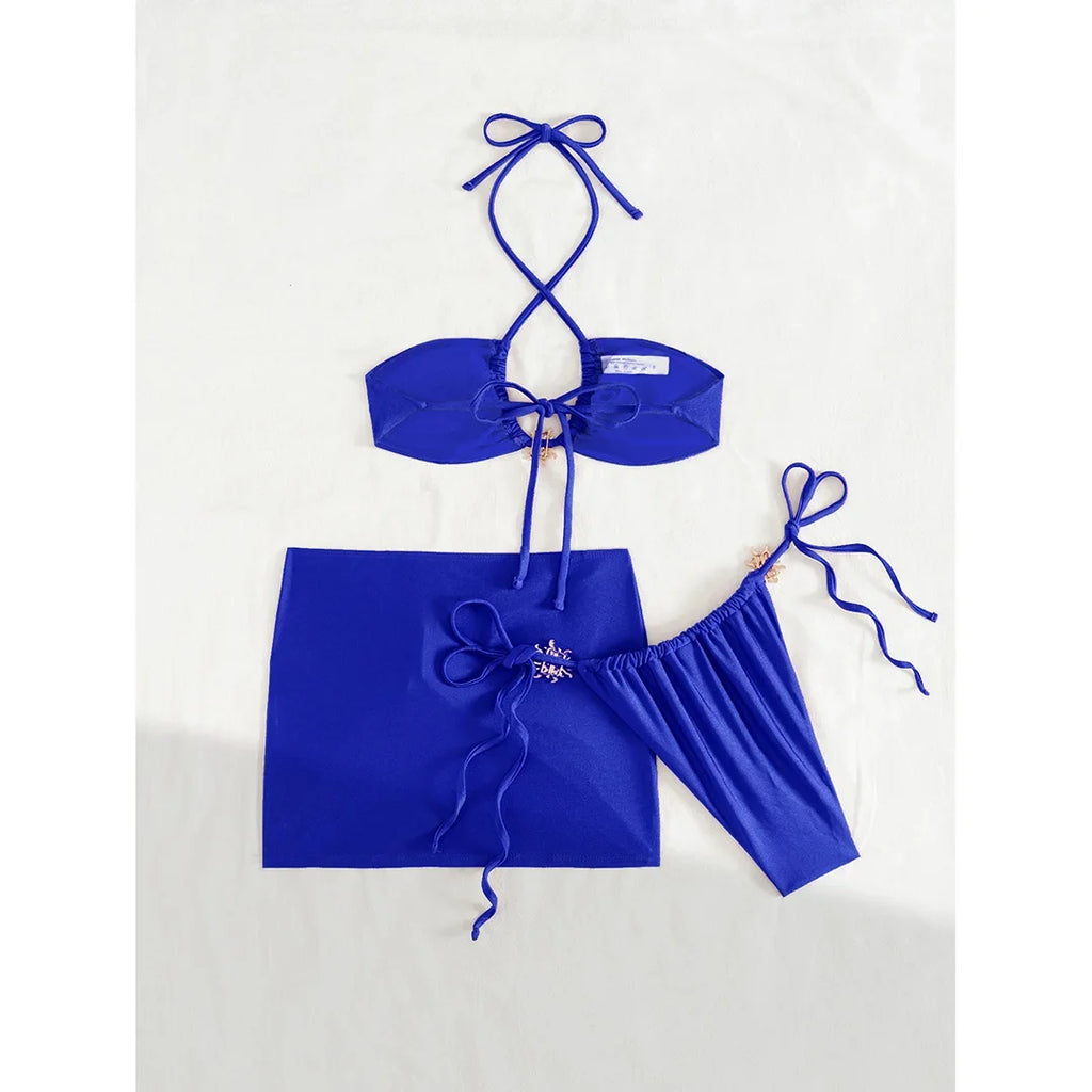 With Skirt Halter High Cut Strappy Bikini Female Swimsuit Women Swimwear Three-Pieces Bikini Set Bather Bathing Suit Swim V6398