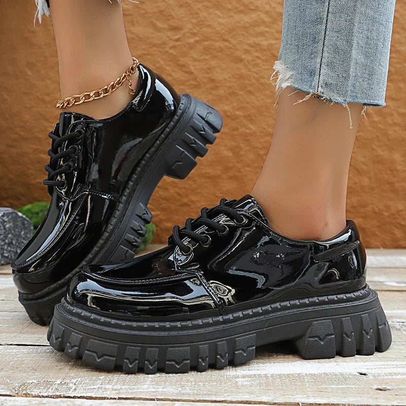 Black Patent Leather Platform Loafers Women 2025 Autumn Thick Bottom Pu Leather Shoes Woman Plus Size Lace Up Student Shoes 42
