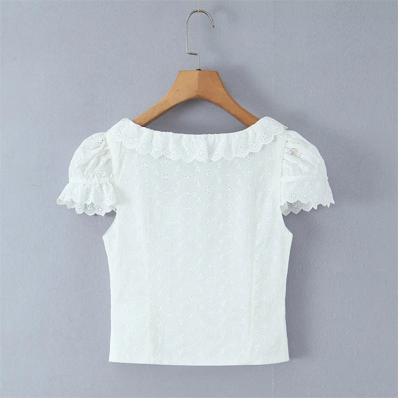 Sweet Lace Doll Collar Puff Sleeve Women's Shirt With Single Breasted Buttons Hollow Jacquard Slim-fit Pure Desire Elegant 6VN3