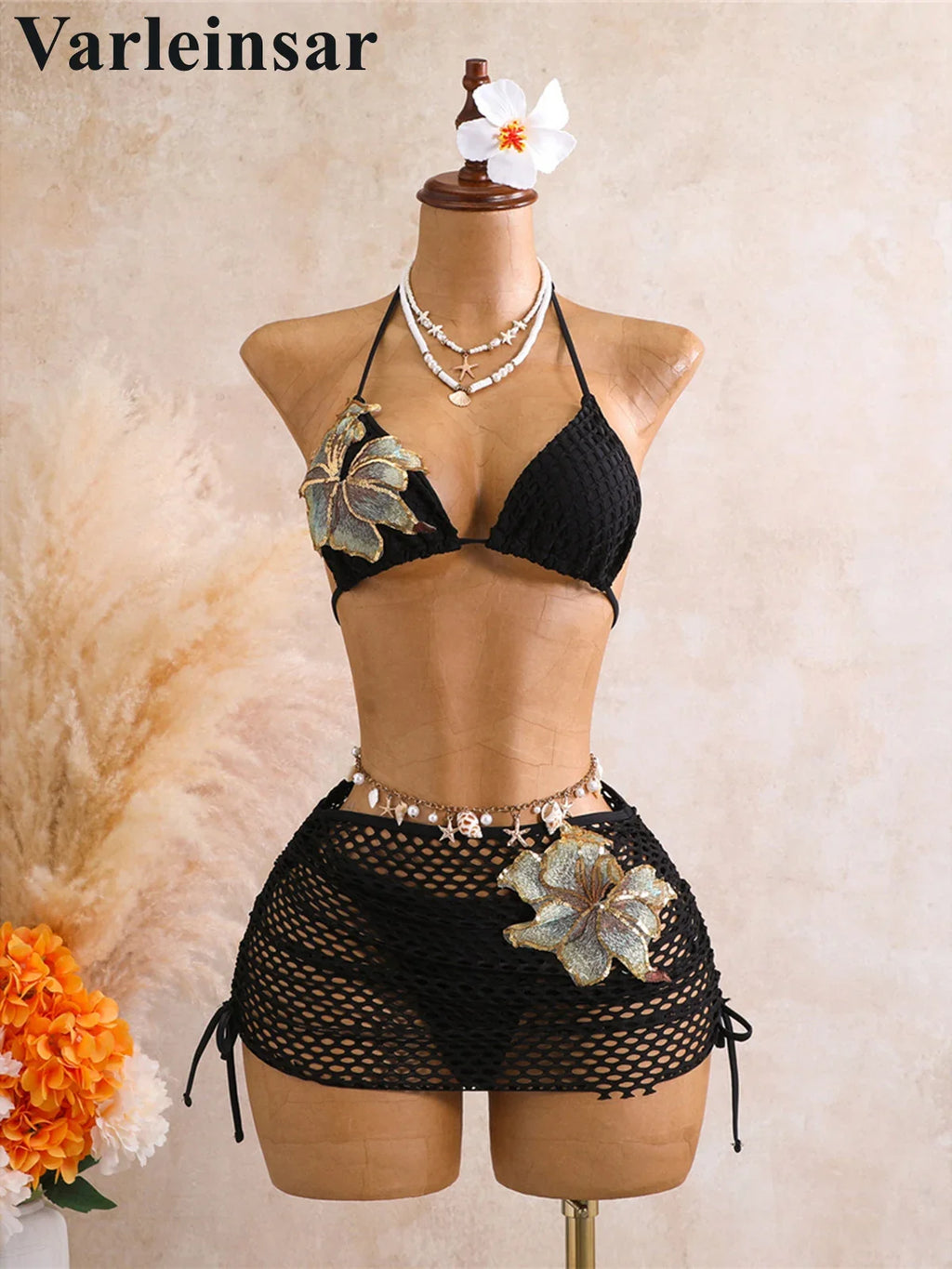 With Skirt 3D Flower Halter Bikini Women Swimwear Female Swimsuit Three-Pieces Bikini Set Padded Bather Bathing Suit Swim  V8346