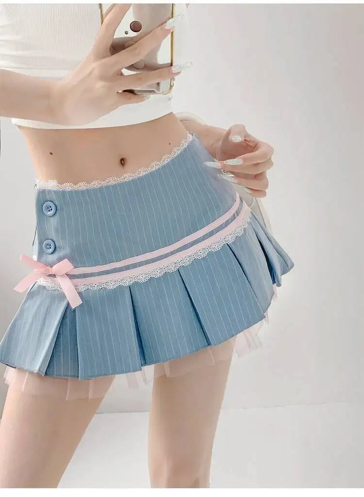 Striped Contrasting Color Bow Lace Splicing Pleated Skirt Women 2026 Summer American Style Low Waist  A-line Short Skirt UBFK