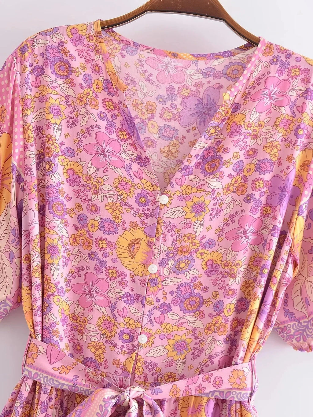 Foridol Single Breasted Bohemian Holiday Summer Women Dress Belt Casual Loose Maxi Floral Dress Short Sleeve Long Viscose Dress